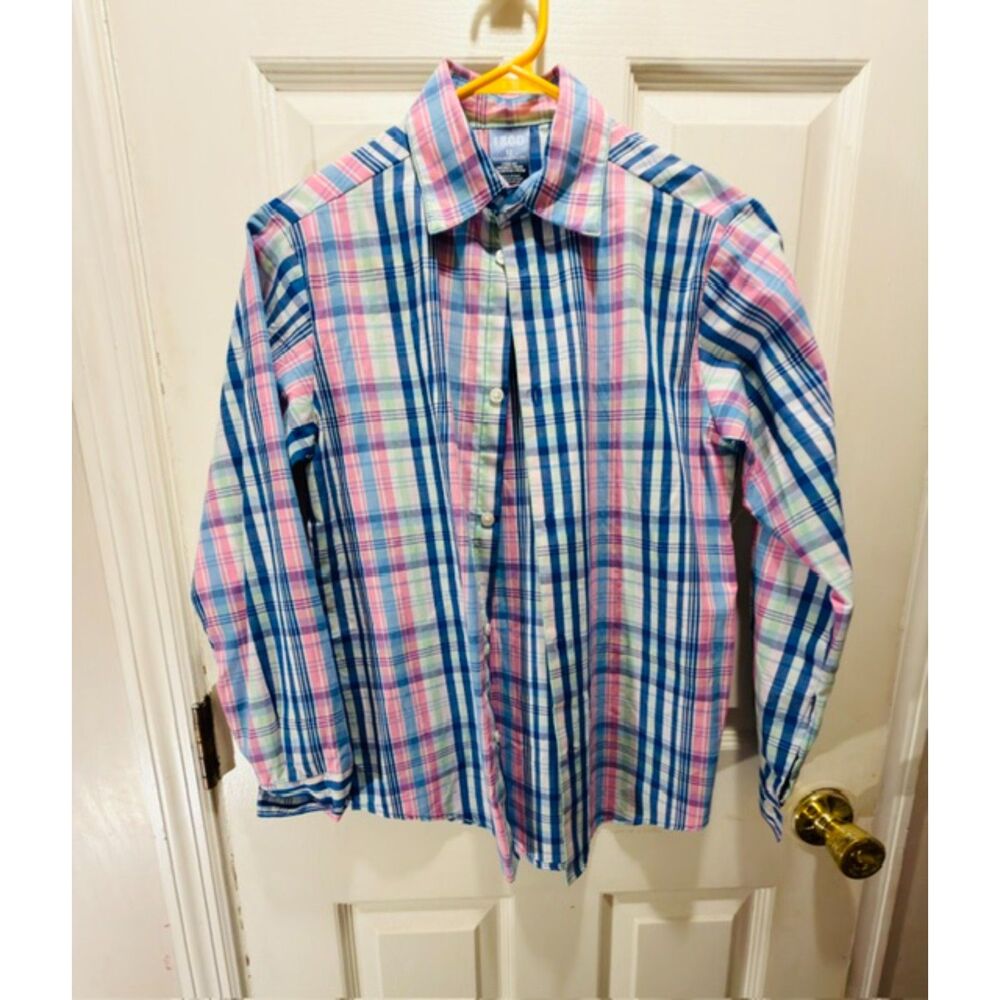 Izod Button-Down Preppy Pastel Plaid Dress Shirt Size 12